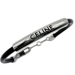 【美品】CELINE セリーヌ ロゴ プラン ソレイユ レザー カーフスキン ロジウムフィニッシュ ブラス コード ブレスレット ブラック 黒 シルバー バングル コレクション アクセサリー レディース メンズ ユニセックス【送料無料】のサムネイル
