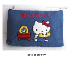 ◎新品◎ ハローキティ デニム サガラ刺繍 ポーチ 高級感 ポーチ Hello Kitty もこもこ キティちゃん 大きめポーチ 大容量 タブレット入れ iPad 旅行ポーチ 大人かわいい  猫 好き  おしゃれ 高見え サンリオ Kitty　●送料込みのサムネイル