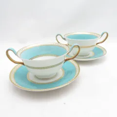美品 WEDGWOOD ウェッジウッド ユーランダーパウダー ターコイズ スープカップ＆ソーサー 2客 ペア 黒壺 旧刻印 SM5511S2 のサムネイル