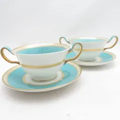 美品 WEDGWOOD ウェッジウッド ユーランダーパウダー ターコイズ スープカップ＆ソーサー 2客 ペア 黒壺 旧刻印 SM5512S2 のサムネイル