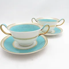 美品 WEDGWOOD ウェッジウッド ユーランダーパウダー ターコイズ スープカップ＆ソーサー 2客 ペア 黒壺 旧刻印 SM5513S2 のサムネイル