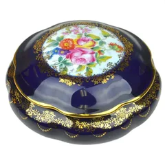 リモージュ LIMOGES 小物入れ ジュエリーボックス コバルトブルー 花柄 金彩 蓋付き 陶器 フランス製 ヴィンテージのサムネイル