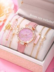 Ladies' Watch Set: A set of ladies' watches featuring electronic movement, pointer display, round dial, PU strap, vintage classic style, business quartz watch, braided bracelet, and jewelry. Perfect for daily wear, back-to-school season, and birthday gifts.