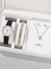 Ladies' Watch Set: 7-Piece Set of Ladies' Watches, Fashionable PU Leather Simple Watches, Business Alloy Pendant Necklace, Earrings, Ring, Rhinestone Bracelet and Quartz Watch Accessory Kit