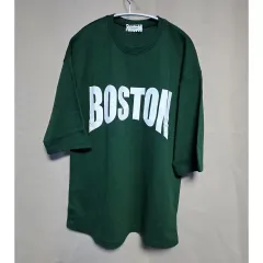 6 ノーブランド ボストン プリンティング 半袖 Tシャツ (ダークグリーン 100) オーバーサイズ レタリングTのサムネイル