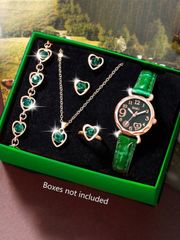 Ladies' Watch Set, Fashion Casual Quartz Watch, Heart-Shaped Peach Dial, with Heart-Shaped Necklace, Earrings, Bracelet, and Ring Jewelry Set, Suitable for Everyday Use, Birthday Gifts, Parties, and Holiday Gatherings, Perfect for Yourself or Other Occasions