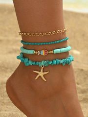 Jewelry for Women, Foot Jewelry, Bohemian Island Style Green Stone Beaded Anklet 4-Piece Set, Cute Colorful Fish Motif Ocean Theme Anklet Jewelry Set with Starfish Pendant, Women's Everyday Wear, Bead