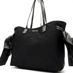 美品 プラダ PRADA トートバッグ ハンドバッグ ロゴ ジャガード サイドリボン ナイロン レザー 本革 ブラック 黒 夏休み 帰省 お盆 敬老の日 シルバーウィーク 秋 ギフト ご褒美 レディースのサムネイル