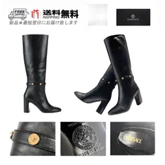 VERSACE ヴェルサーチ ロング ブーツ ハイヒール メデューサ シューズ レディース カーフ レザー 靴 イタリア製 新品 ★ ブラック M344-37..のサムネイル