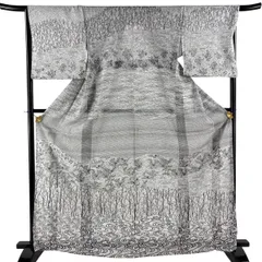 【美品】 訪問着 身丈167cm 裄丈67cm M 薄物 絽 樹木 草花 灰白 正絹 秀品 【中古】のサムネイル