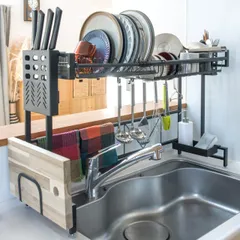 水切りラック 【整理収納アドバイザー監修×デットスペースを最大限に活用】 シンク上 食器 水切り 水切りカゴ 抗菌 シンク 省スペース 大容量 ワイド 乾燥 かご ブラック ホワイト (ブラック)Juのサムネイル