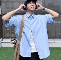 LAFUDGE STORE シティーボーイ オーバーサイズ Oxford 半袖 シャツ Sky Blueのサムネイル