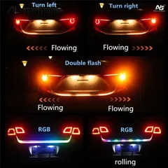 12V 1.2M RGB 車用リアトランクテールライト ダイナミックストリーマー リバース警告LEDストリップ 追加ブレーキターンシグナルランプのサムネイル