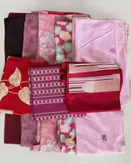 【ジャンク品まとめ売り】着物 5点　帯3点　計8点セット　赤系　ピンク系　花柄のサムネイル