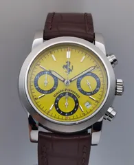 中古美品 ジラールペルゴ GIRARD-PERREGAUX フェラーリ 8020 クロノグラフ デイト SS イエロー文字盤 自動巻き メンズ 腕時計のサムネイル