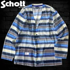 Schott N.Y.C. ショット パターンメッシュ ネイティブ調 ボーダー柄 Vネック ノーカラー 長袖 カーディガン ライトアウター 782-3130005 定価1.5万 マルチブルー ベージュ XL ▲017▼60713w05のサムネイル