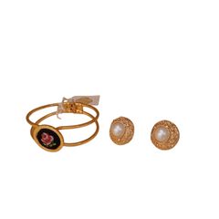 X07062 Earrings and Bracelet 2-Piece Set, Pearl White and Gold, Vintage Style, Petit Point Embroidery, Open/Close Bangle, Women's