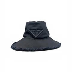 PRADA 希少 美品 プラダ トライアングルロゴ ドリルハット 1HC145 帽子 ICチップ確認済 ブラック ダークネイビー フリンジ 帽子 三角プレート ロゴプレート ABランク 中古 鑑定済 プラダハットのサムネイル