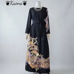 着物リメイク  ワンピース ロングドレス マキシ Aライン 黒留袖 金彩 暈し染め 鳳凰扇面熨斗吉祥花文 結婚式 オケージョンドレス フォーマルのサムネイル