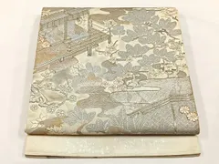 平和屋着物◎太鼓柄袋帯　駒刺繍　風景草花文　金彩　正絹　逸品　CABJ6154ykのサムネイル
