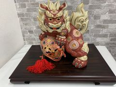 美品】九谷焼 特大 玉乗り獅子 約30cm 赤盛 金彩 魔除け 開運 置物