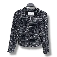 Rene ルネ TISSUE製 ツィードノーカラージャケット ジップアップジャケット 上着 式典 セレモニー ラメ フリンジ  日本製 レディース サイズ34 ネイビー 秋 ゴーゴー古着久喜倉庫店 11 No.K2432のサムネイル