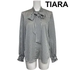◆ ティアラ TIARA ボウタイブラウス シャツ 長袖 ストライプ柄 プルオーバー バックロング 白 黒 L～XL 11～13号 レディース S6H687のサムネイル