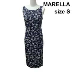 □ マレーラ MARELLA タイトワンピース ノースリーブ 膝丈 ボートネック バックVネック メッシュ裏地 紺 白 S ７号 レディース Z6D105のサムネイル