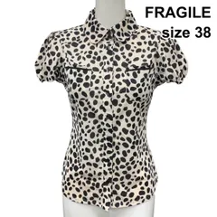 □ フラジール FRAGILE ブラウス 丸襟 半袖 パフスリーブ ドット柄 アニマルプリント シャツ トップス ベージュ 黒 38 M レディース Z6D108のサムネイル