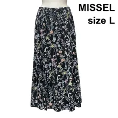 □ ミゼール MISSEL ギャザースカート ロング丈 ウエストゴム フレア 花柄 ボタニカルプリント 黒地 マルチカラー L 40 レディース Z6D109のサムネイル