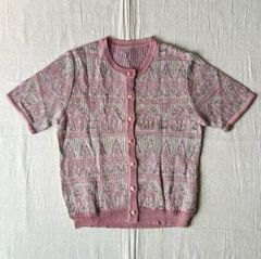 〜90s vintage ヴィンテージ古着 幾何学アートモチーフ ジグザグライン 総柄 ラメ入りピンク系カラー メッシュサマーニット生地 半袖カーディガン ボタン留め M 一点物 レトロ古着 ガーリー 個性派 pink mesh knit cardiganのサムネイル