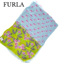 【美品】FURLA フルラ ストール スカーフ フラミンゴ柄 ボタニカル レーヨン100% イエロー×サックスブルー×ピンクのサムネイル
