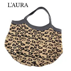 【美品】L'AURA ラウラ トートバッグ ハラコ ハンドバッグ レオパード柄 イタリア製 ベージュ×ブラックのサムネイル