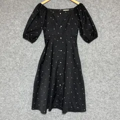 美品 An MILLE アンミール チェリー柄 ワンピース F フリーサイズ ブラック 黒 ドット さくらんぼ パフスリーブ スクエアネック Aライン フレア フェミニン ガーリー デート服のサムネイル