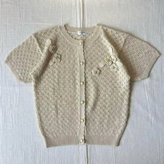〜90s vintage ヴィンテージ古着 立体フラワーモチーフ 花 クロシェ 透かし編み レース メッシュサマーニット 半袖カーディガン パール調ボタン M ライトベージュ 一点物 レトロ古着 ガーリー 個性派 crochet knit cardiganのサムネイル
