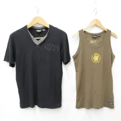 ジースター G-STAR Tシャツ タンクトップ 2枚セット カットソー 半袖 Vネック プリント レイヤーネック 刺繍 綿 黒 茶 ブラック ブラウン Mのサムネイル