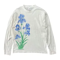USA 古着 80S USA製 ヴィンテージ コットン ロンT アイリス 花柄 アート 長袖 Tシャツ プリント メンズXL ホワイト BA6308のサムネイル