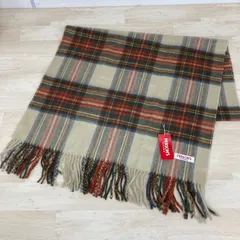 未使用 PERSON'S NECKWEAR パーソンズ チェック柄 マフラー ベージュ×オレンジ×ブルー系 フリンジ付き ストール[OX03387]のサムネイル