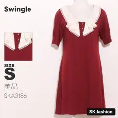 美品 Swingle ワンピース 膝丈　半袖　フレア　裏地付き　フリル　飾りボタンのサムネイル