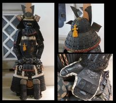 現代甲冑 等身大】（展示品の為未使用品）黒胴当世素掛紺白茶糸威本小