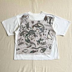 90s vintage オーストラリア製 先住民族 アボリジナルアートグラフィック メッセージロゴ 発砲プリント 短丈 白Tシャツ 点描 ドットペインティング コアラ カンガルー ワニ 鳥 魚 蛇 アニマル柄 一点物 S Y2K 個性派 アメカジ C-BOYのサムネイル