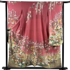 振袖 身丈155cm 裄丈65cm M 袷 花車 鴛鴦 金糸 金彩 ピンク 正絹 秀品 【中古】のサムネイル