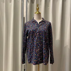 【東あずま店　併売品】　古着　レトロ　レディース　ladies　ブラウス シャツ トップス　レディース　blouse　shirt　Tops　ladies　層物　animal　総柄　ブルー 青 藍色 ネイビー 紺色　BLUE　NAVYのサムネイル