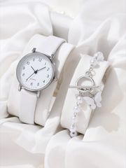 Ladies' Watch Set (2 pieces) - Black & White Round Quartz Watches - Fashionable Casual Minimalist Watches with Heart Bracelet Set and PU Strap - Birthday Gift - Watch Accessory Set - Ladies' Watches