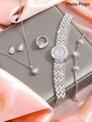 Ladies' Watch Set This sophisticated and charming women's watch set includes a rhinestone-embellished zinc alloy watch band, a round quartz watch, a necklace, earrings, a ring, and a bracelet. This jewelry set is perfect for everyday wear, birthdays, and special occasions.