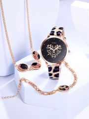 Ladies' Watch Set: Leopard Print PU Strap Quartz Watch, Leopard Head Pendant Necklace, Earrings, and Ring Jewelry Set. Fashionable and unique, perfect for everyday wear, birthday gifts, parties, and holiday gatherings. A great gift for yourself or a friend.