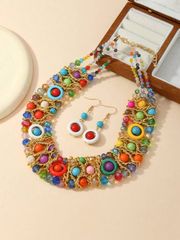Ladies' Jewelry Set: Fur and Braided Necklace, Bohemian Chic Jewelry Set, Vintage Style Aluminum Accessories for Weddings, Parties, and Beach Holidays