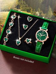 Ladies' Watch Set: A ladies' watch set including a round digital quartz watch, a heart-shaped necklace, earrings, a ring, and a bracelet jewelry set. Perfect for everyday wear, birthdays, school entrance ceremonies, Thanksgiving, and romantic occasions. A great gift.