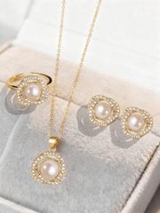Ladies' Jewelry Set: 4-Piece Stainless Steel Jewelry Set including Necklace, Earrings, and Ring. Vintage Elegant Jewelry Combo with Rose Petal Rhinestone Decoration. Perfect for Everyday Wear/Parties, Mother's Day, and Valentine's Day Gifts.