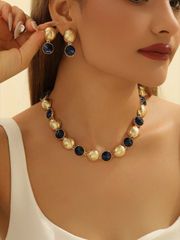 Women's Jewelry Set - 3-Piece Set: Vintage Round Wave Pattern, Navy Blue - Earrings & Necklace (Women's)